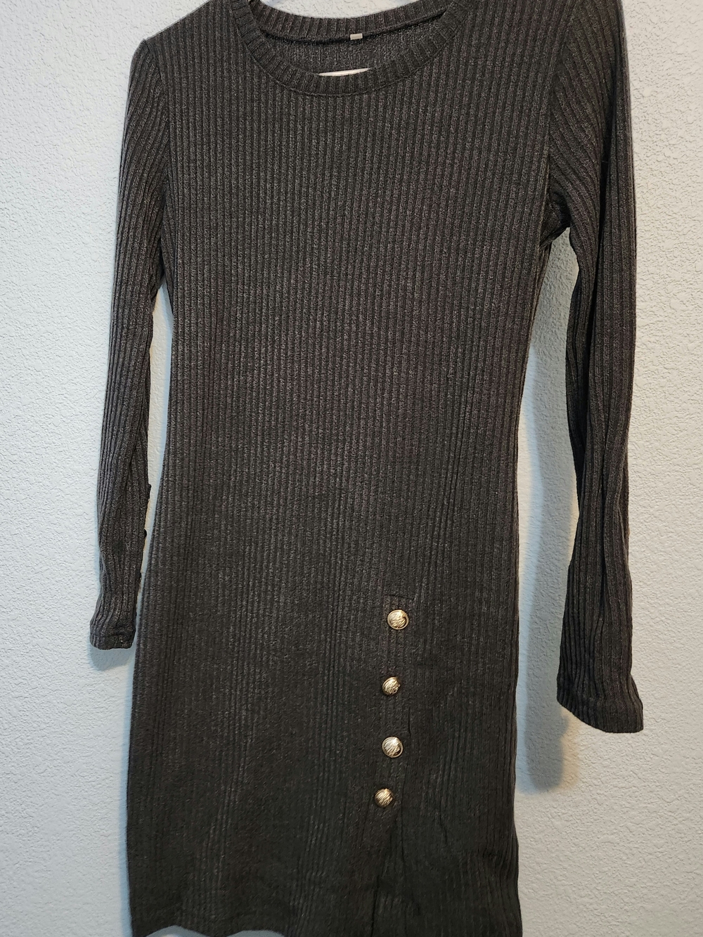 Ribbed Long-Sleeve Knit Dress in Charcoal with Button Detail